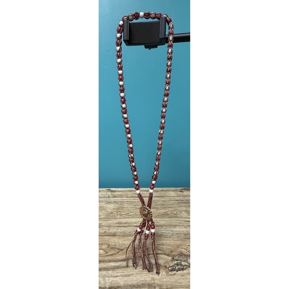 Jewelry - Handmade Beaded Bolo Tie Necklace Sparkly Red Wht Plastic Beads Cowgirl Costume